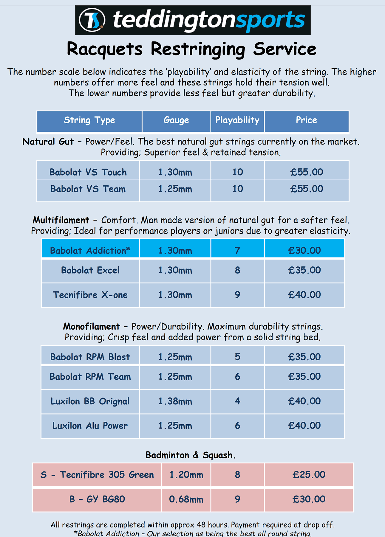 Teddington Sports Racket Restringing Service Teddington Sports Racket Restringing Service